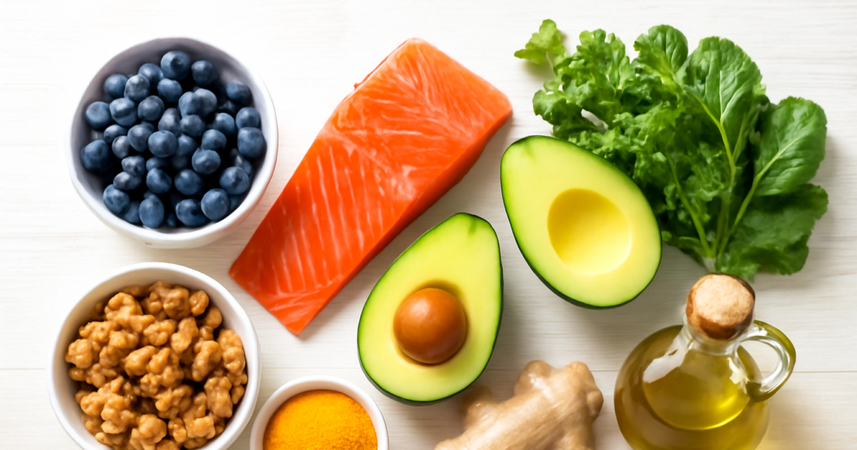 Colorful anti-inflammatory foods including berries, salmon, avocado, leafy greens, and walnuts arranged on a white table