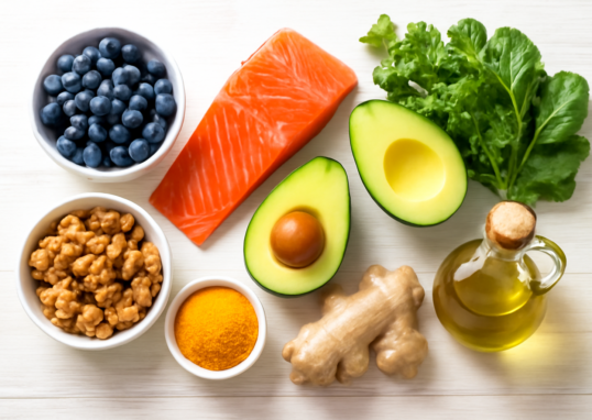 Colorful anti-inflammatory foods including berries, salmon, avocado, leafy greens, and walnuts arranged on a white table