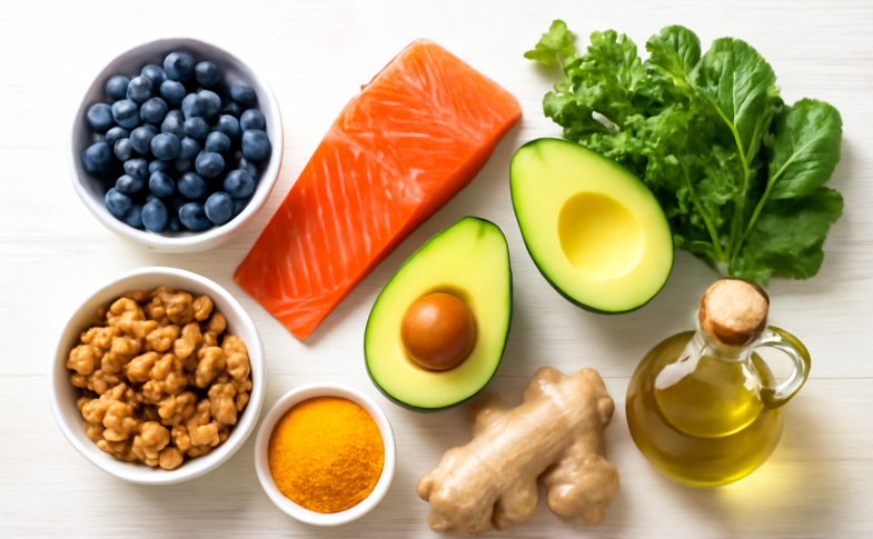 Colorful anti-inflammatory foods including berries, salmon, avocado, leafy greens, and walnuts arranged on a white table