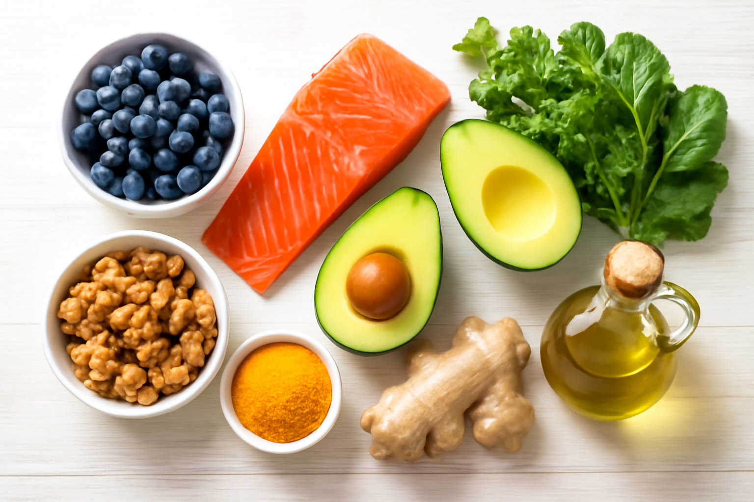Colorful anti-inflammatory foods including berries, salmon, avocado, leafy greens, and walnuts arranged on a white table