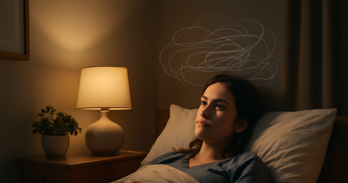 Person lying awake at night struggling with anxiety and sleep problems