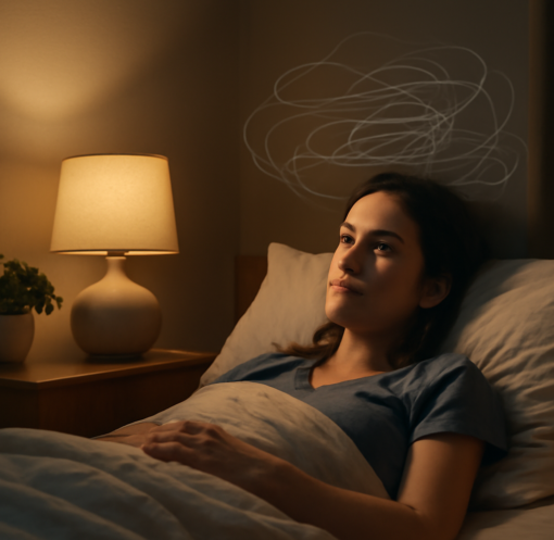Person lying awake at night struggling with anxiety and sleep problems