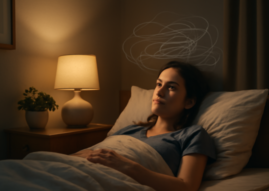 Person lying awake at night struggling with anxiety and sleep problems