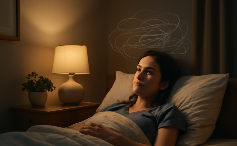 Person lying awake at night struggling with anxiety and sleep problems