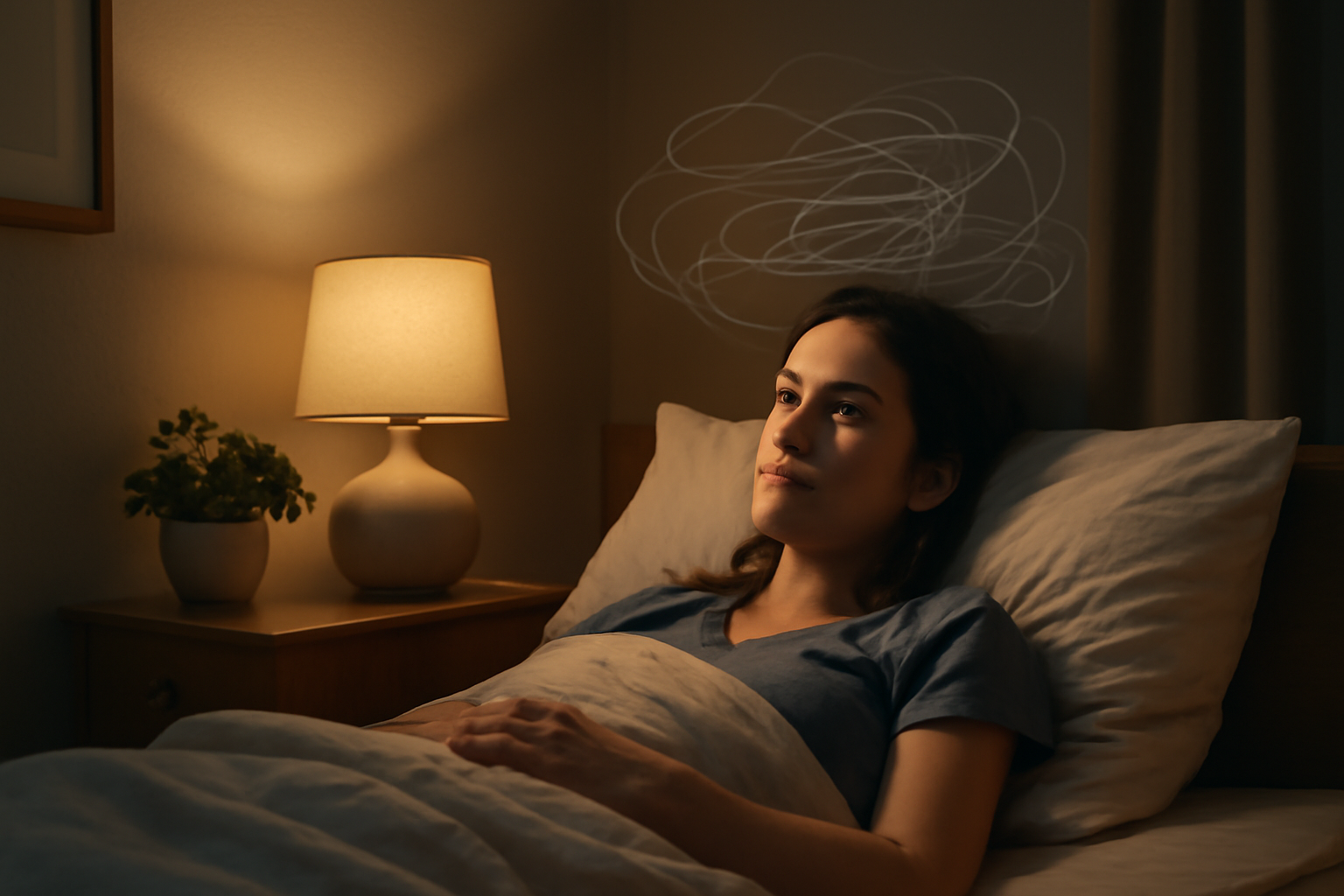 Person lying awake at night struggling with anxiety and sleep problems
