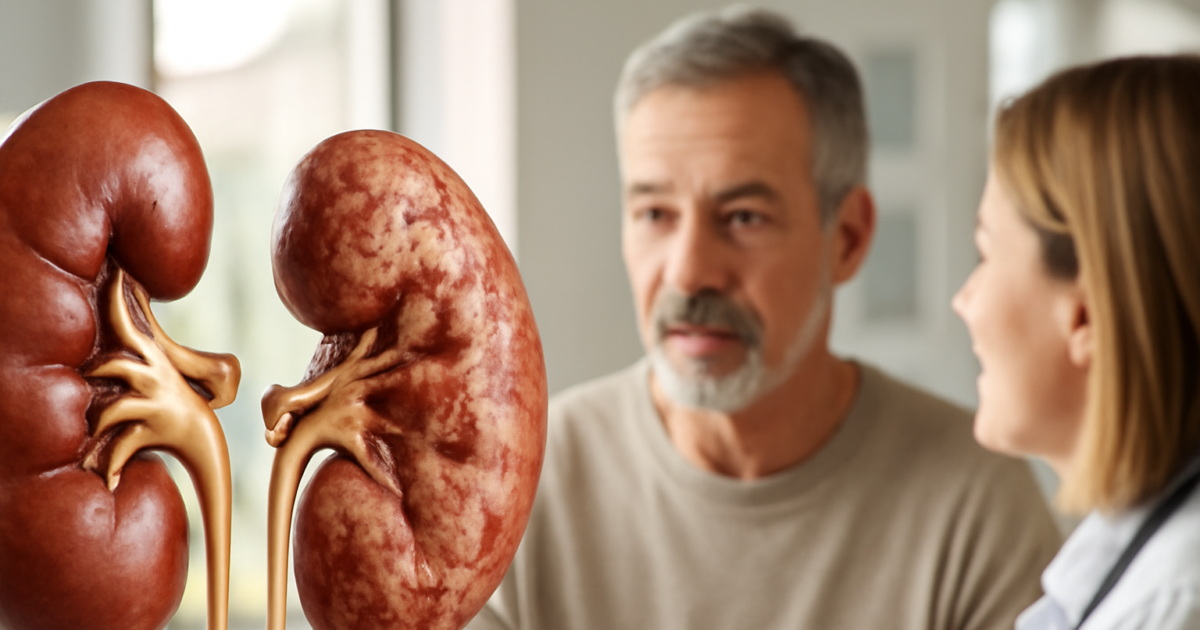 Doctor explaining chronic kidney disease symptoms and management to a middle-aged male patient in a modern clinic