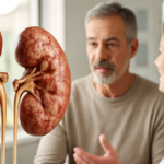 Doctor explaining chronic kidney disease symptoms and management to a middle-aged male patient in a modern clinic