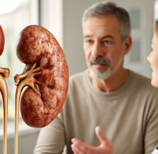 Doctor explaining chronic kidney disease symptoms and management to a middle-aged male patient in a modern clinic