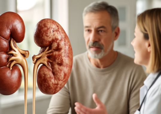 Doctor explaining chronic kidney disease symptoms and management to a middle-aged male patient in a modern clinic