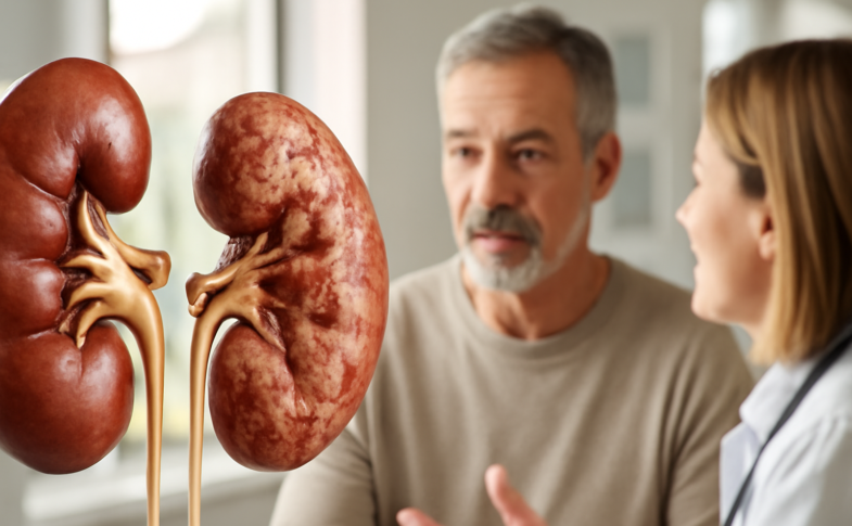Doctor explaining chronic kidney disease symptoms and management to a middle-aged male patient in a modern clinic