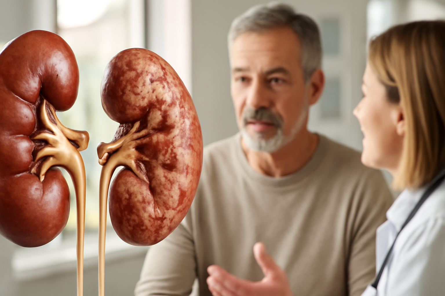 Doctor explaining chronic kidney disease symptoms and management to a middle-aged male patient in a modern clinic