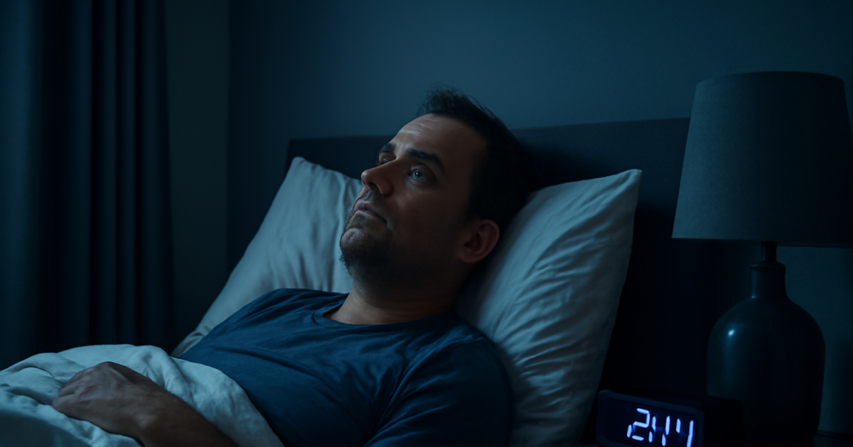 Adult lying awake at night due to chronic stress and sleep problems