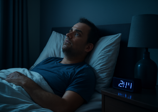 Adult lying awake at night due to chronic stress and sleep problems