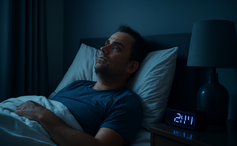 Adult lying awake at night due to chronic stress and sleep problems