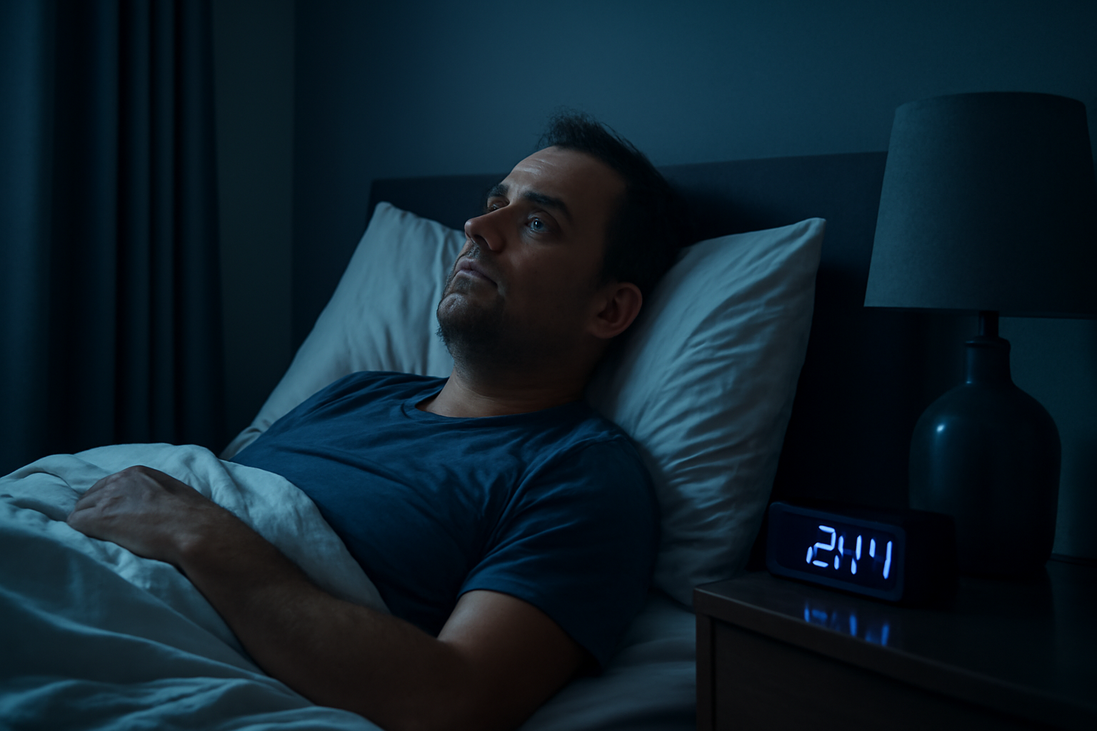 Adult lying awake at night due to chronic stress and sleep problems