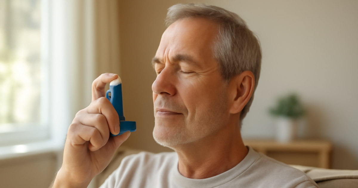 Man in his late 50s using a blue inhaler at home to manage COPD symptoms