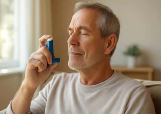 Man in his late 50s using a blue inhaler at home to manage COPD symptoms
