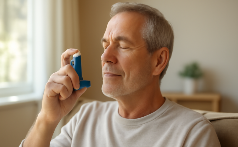 Man in his late 50s using a blue inhaler at home to manage COPD symptoms