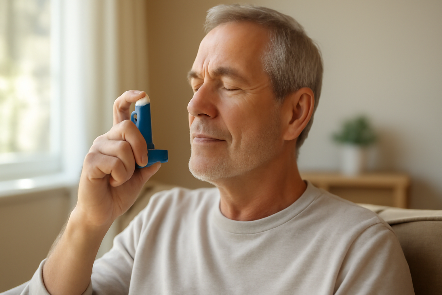 Man in his late 50s using a blue inhaler at home to manage COPD symptoms