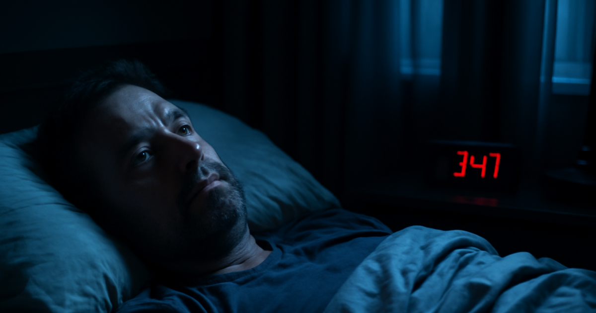Middle-aged adult lying awake at night with depression-related insomnia