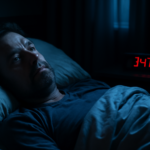 Middle-aged adult lying awake at night with depression-related insomnia