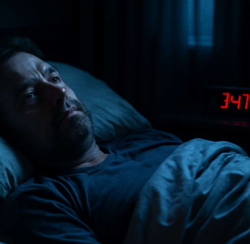 Middle-aged adult lying awake at night with depression-related insomnia