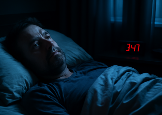 Middle-aged adult lying awake at night with depression-related insomnia