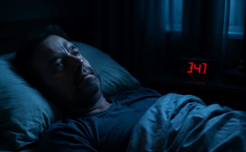 Middle-aged adult lying awake at night with depression-related insomnia