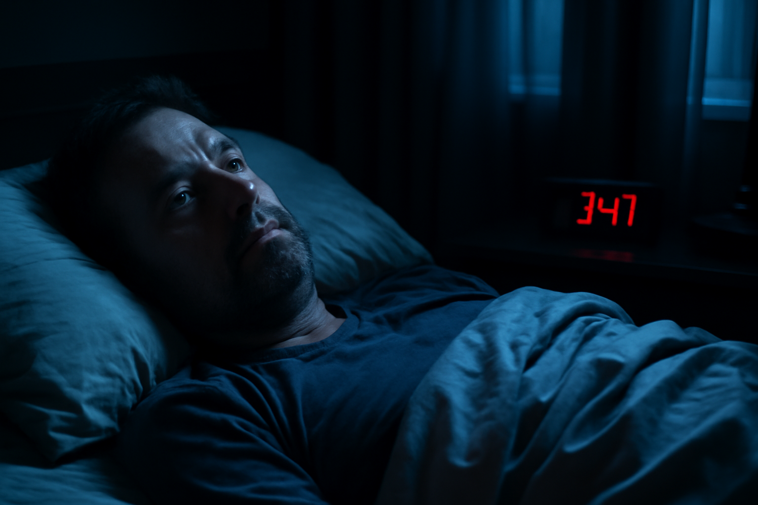 Middle-aged adult lying awake at night with depression-related insomnia