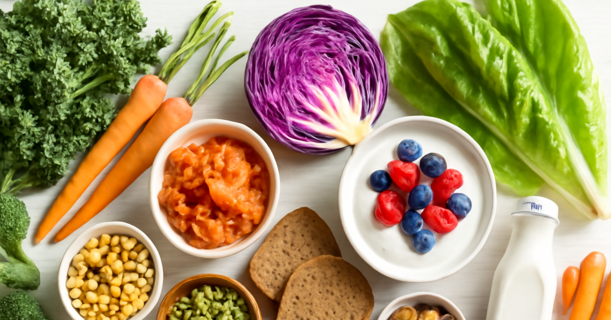Colorful gut-healthy foods including yogurt, fermented vegetables, fiber-rich plants and whole grains arranged on a white surface