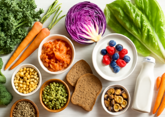 Colorful gut-healthy foods including yogurt, fermented vegetables, fiber-rich plants and whole grains arranged on a white surface