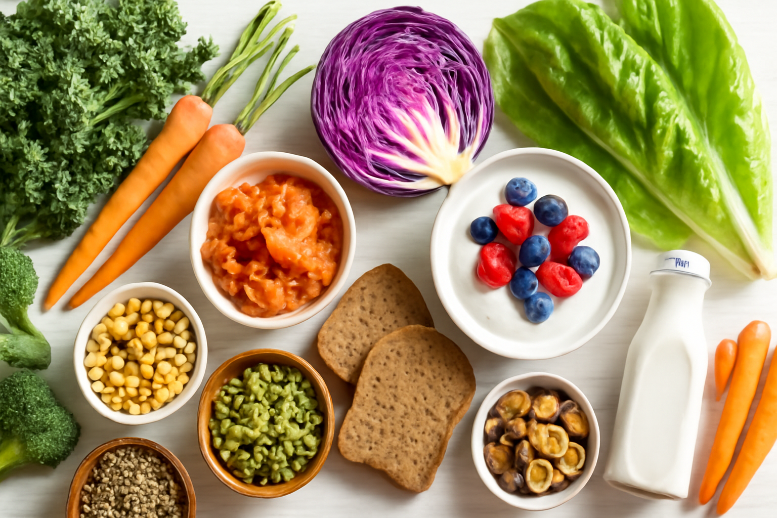 Colorful gut-healthy foods including yogurt, fermented vegetables, fiber-rich plants and whole grains arranged on a white surface