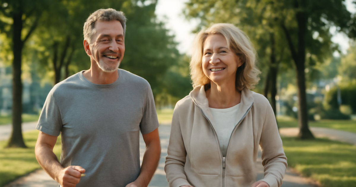 Couple in their 50s walking outdoors as part of a healthy aging routine