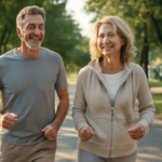 Couple in their 50s walking outdoors as part of a healthy aging routine