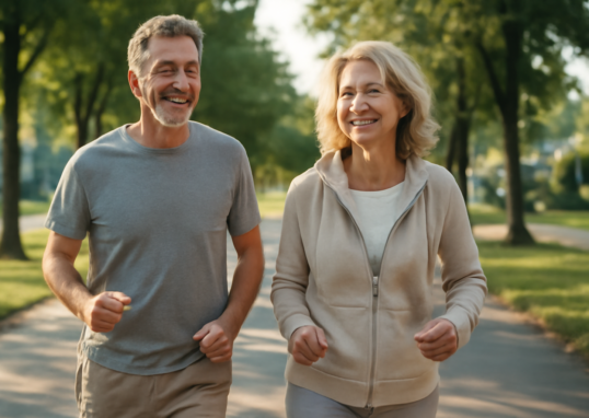 Couple in their 50s walking outdoors as part of a healthy aging routine