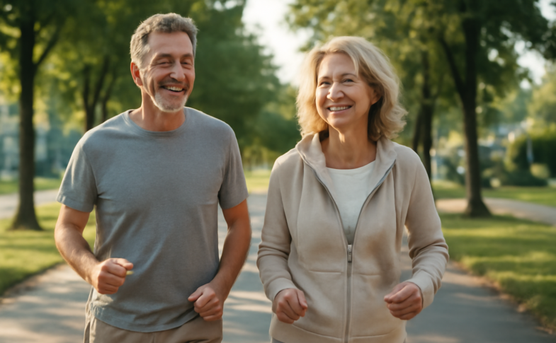 Couple in their 50s walking outdoors as part of a healthy aging routine