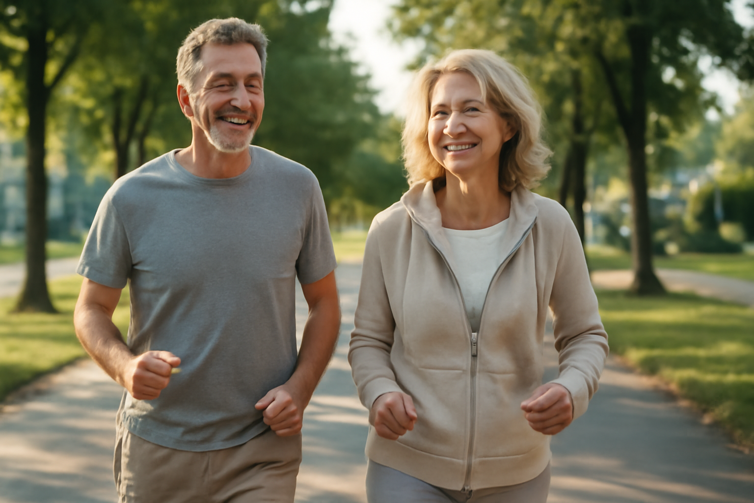 Couple in their 50s walking outdoors as part of a healthy aging routine