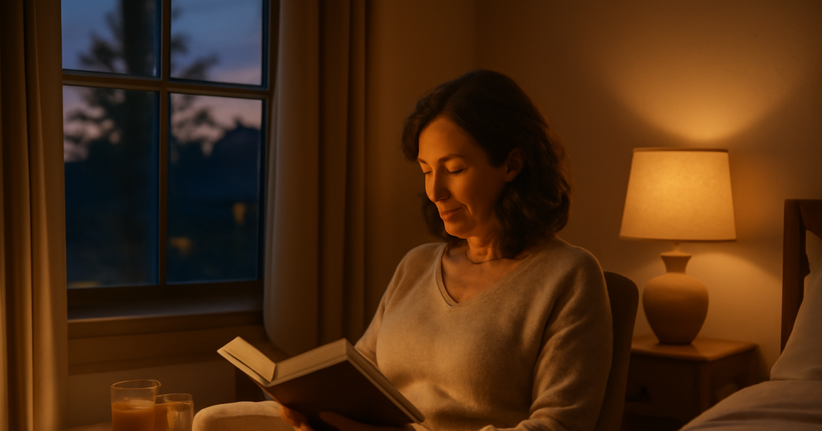 Woman following a healthy evening routine reading by warm lamp light with herbal tea
