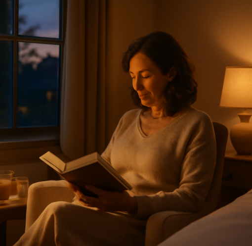 Woman following a healthy evening routine reading by warm lamp light with herbal tea
