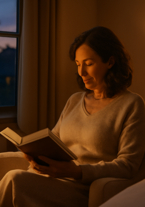 Woman following a healthy evening routine reading by warm lamp light with herbal tea