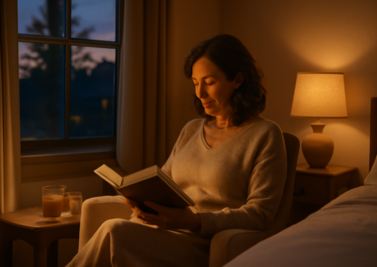 Woman following a healthy evening routine reading by warm lamp light with herbal tea