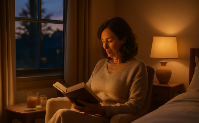 Woman following a healthy evening routine reading by warm lamp light with herbal tea