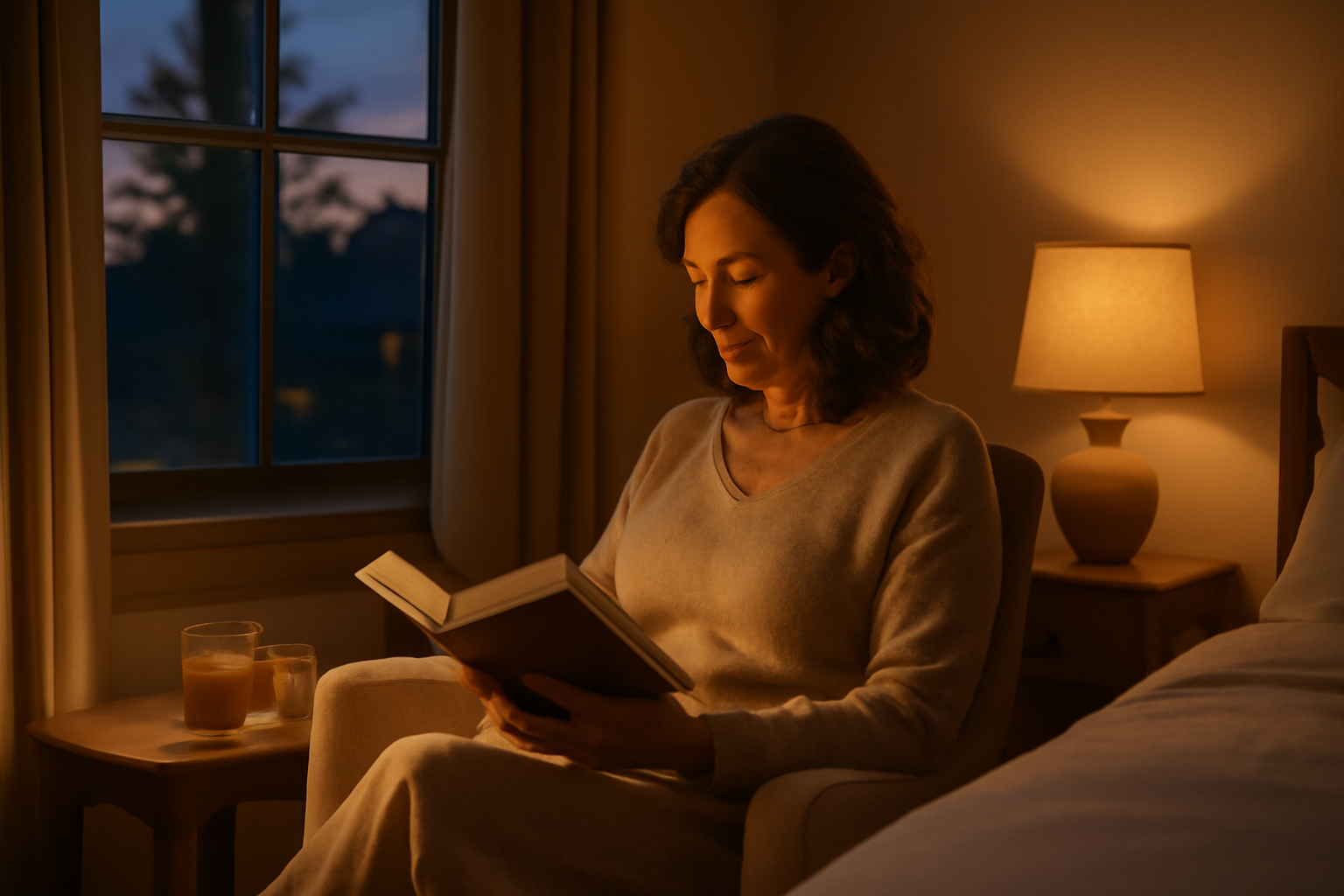 Woman following a healthy evening routine reading by warm lamp light with herbal tea