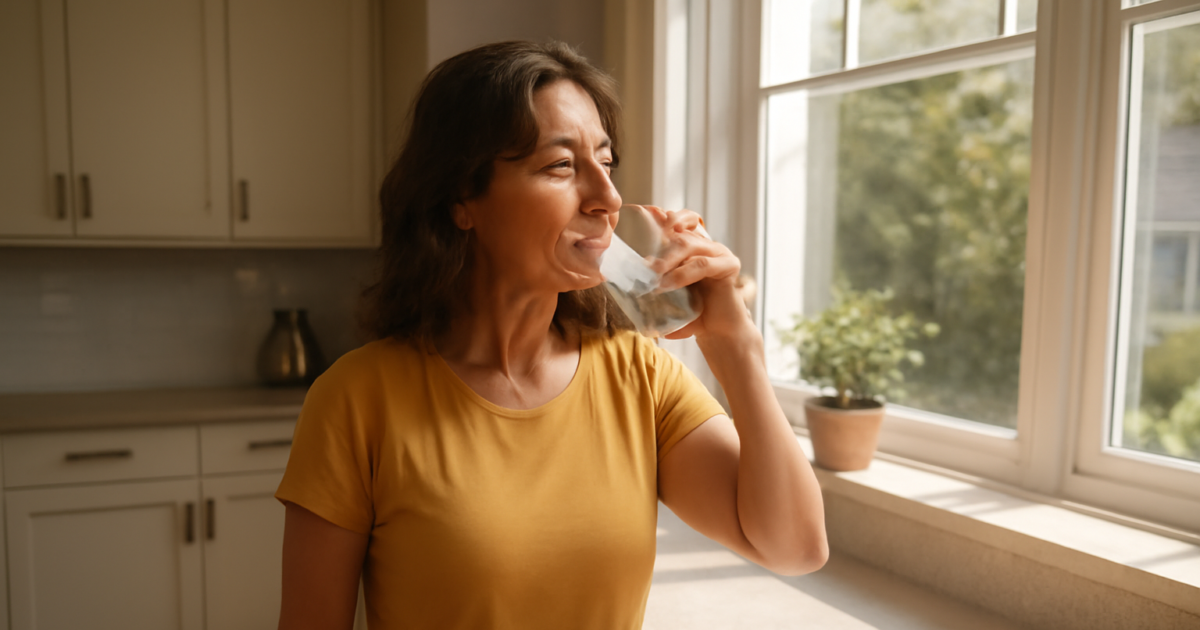 Woman starting her healthy morning routine with water and nutritious breakfast by a sunny window