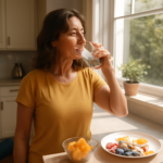 Woman starting her healthy morning routine with water and nutritious breakfast by a sunny window