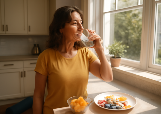 Woman starting her healthy morning routine with water and nutritious breakfast by a sunny window