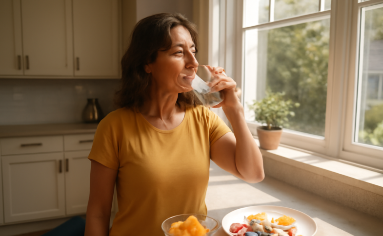 Woman starting her healthy morning routine with water and nutritious breakfast by a sunny window
