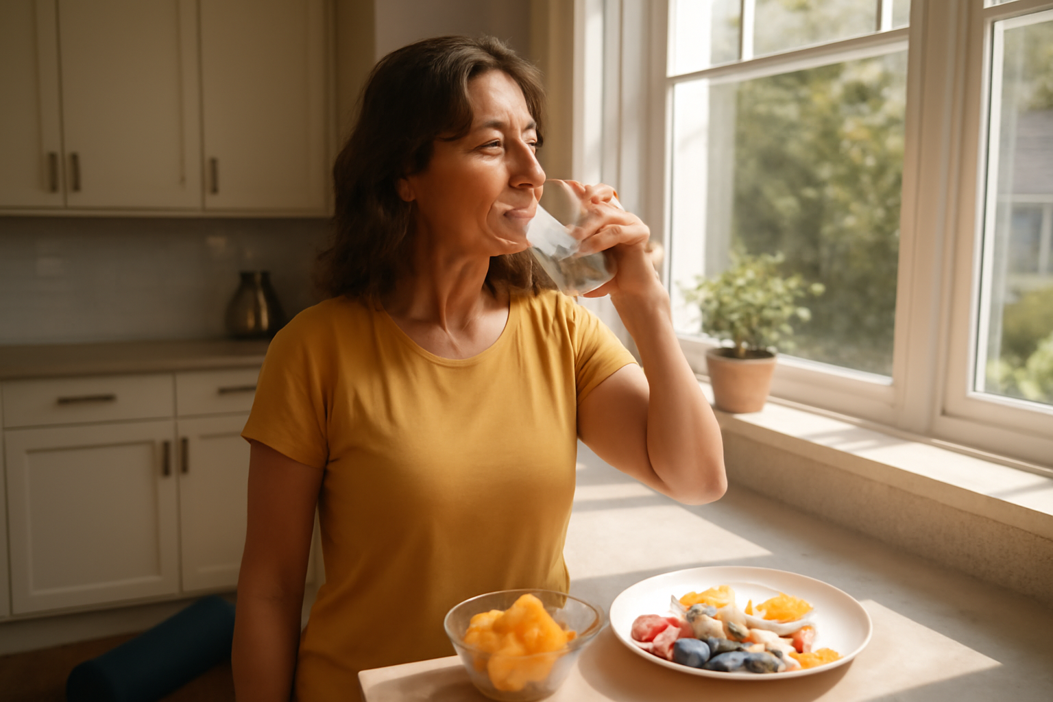 Woman starting her healthy morning routine with water and nutritious breakfast by a sunny window