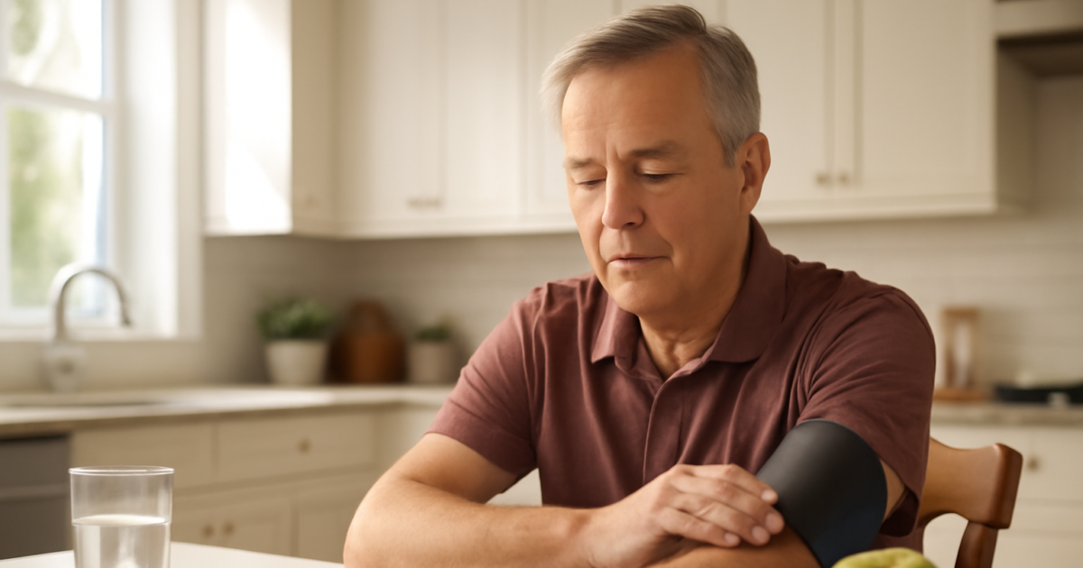 Middle-aged adult checking blood pressure at home as part of heart disease management routine