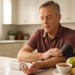 Middle-aged adult checking blood pressure at home as part of heart disease management routine
